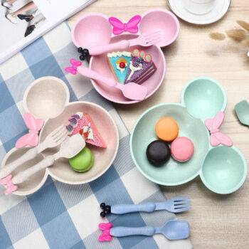 小麦秸秆餐具可爱卡通幼儿园宝宝碗儿童碗家用餐盘 随机颜色 米妮三件套